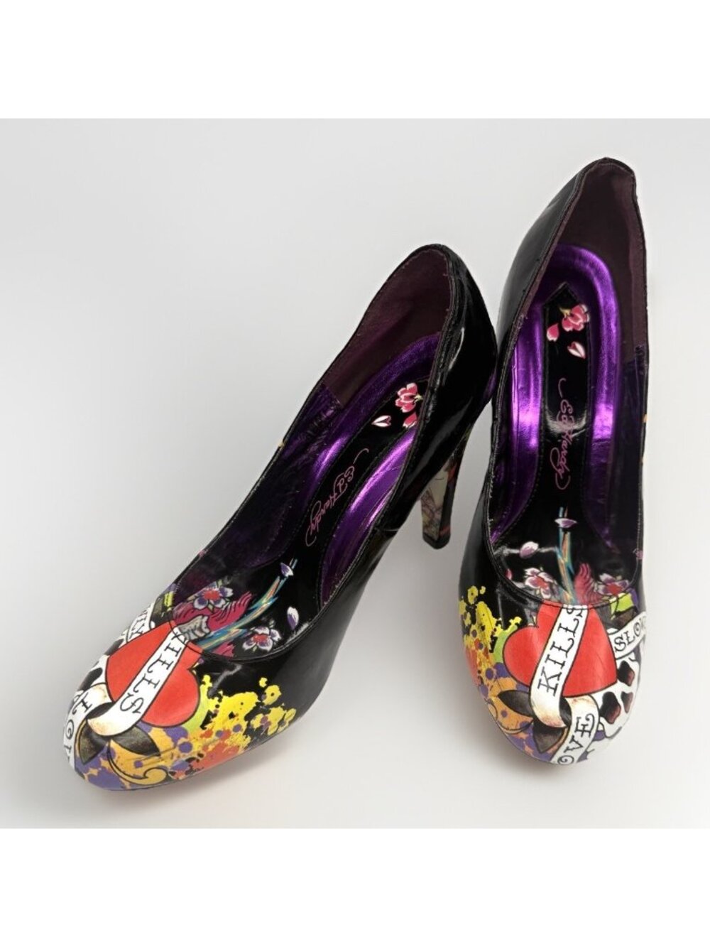 Vintage Ed Hardy Love Kills Slowly Pumps Womens 7 Black Patent Platform Y2K